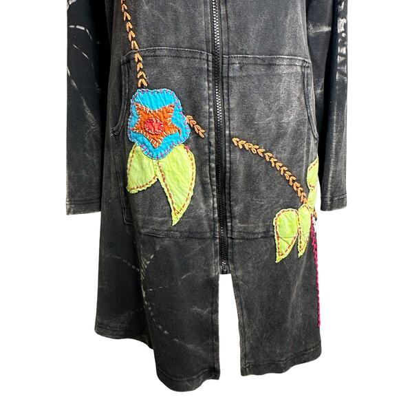 Rising International Y2K Embroidered Long Line Jacket Grey Hoodie XL Zip Cotton - Picture 4 of 10